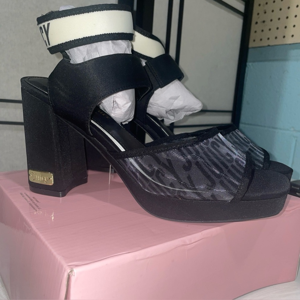 NEW Juicy Y2K Graciela Black Mesh Platform Block Heel Sandals Chunky Glam Sz 10 - Picture 2 of 11